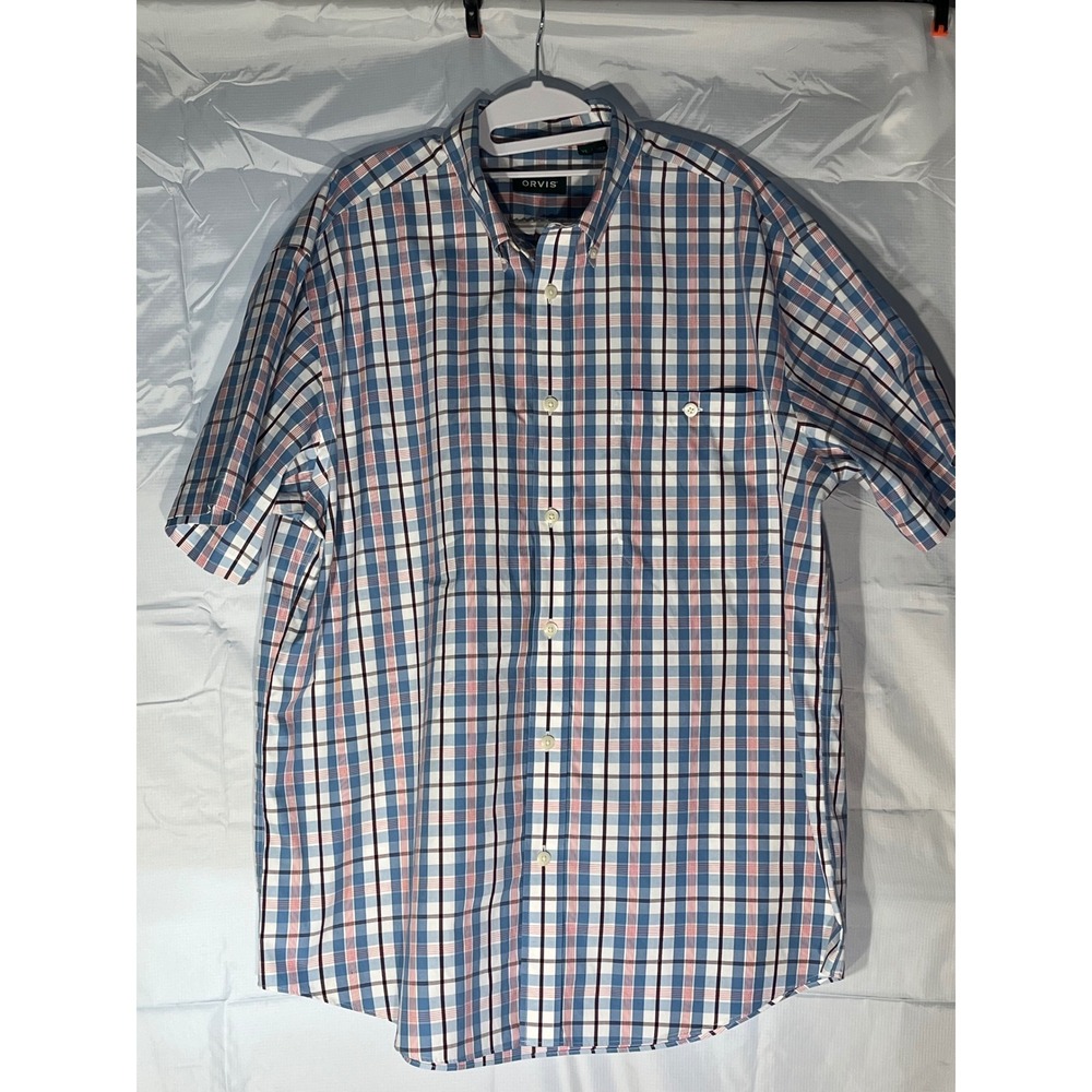 Orvis Mens XL Blue Red Plaid Short Sleeve Button Down Wrinkle Free Cotton Shirt